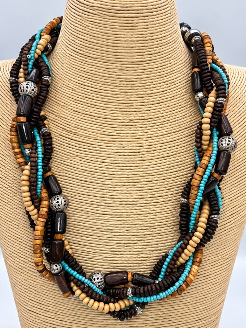 Boho Multistrand Beaded Necklace Turquoise Brown Wood Silver Tone